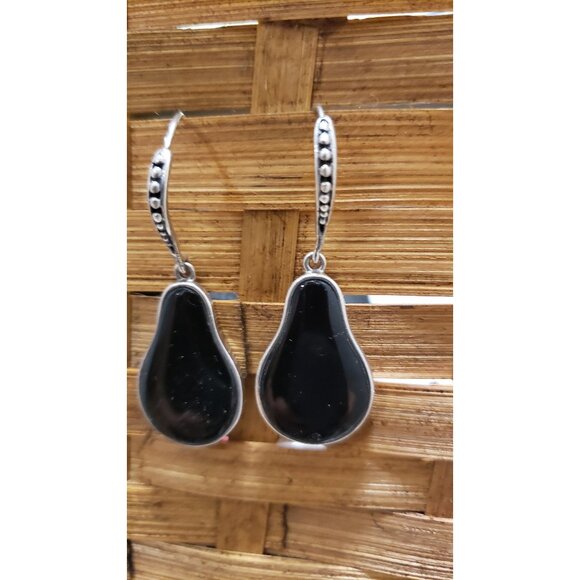 Vintage Stamped Silver Tear Drop Earrings Black Stone Filigree - Picture 1 of 10